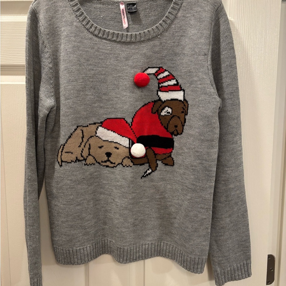 Gray Holiday Sweater with Adorable Dog Design